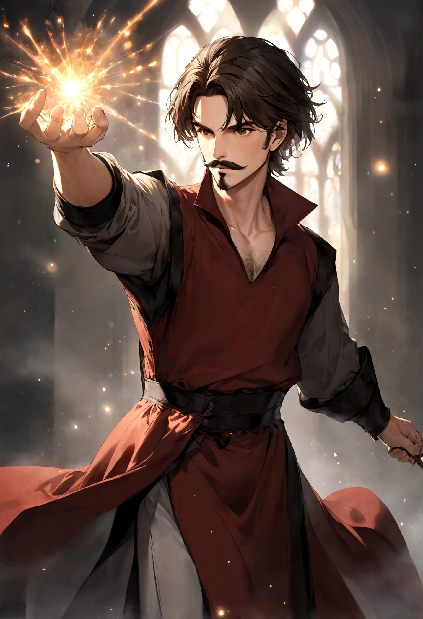 (tunic with red and black colors for men), ), ((bigote estilo Van Dyke y (barba de chivo) "Van Dyke", Van Dyke beard)), (light brown eyes), Aspecto atractivo y serio, ((cabello muy largo oscuro, messy hair)), Elegante y con estilo, magician style tunic, Un hombre similar al actor Jim Morrison con el cabello largo, ((cabello muy largo)), (Imagen realista y de alta calidad), laboratorio medieval, ((La mejor calidad, 8K, obra maestra).((dynamic pose with spells in hand with particles and looking forward, viendo al espectador)), (cabello largo pasando los hombros)