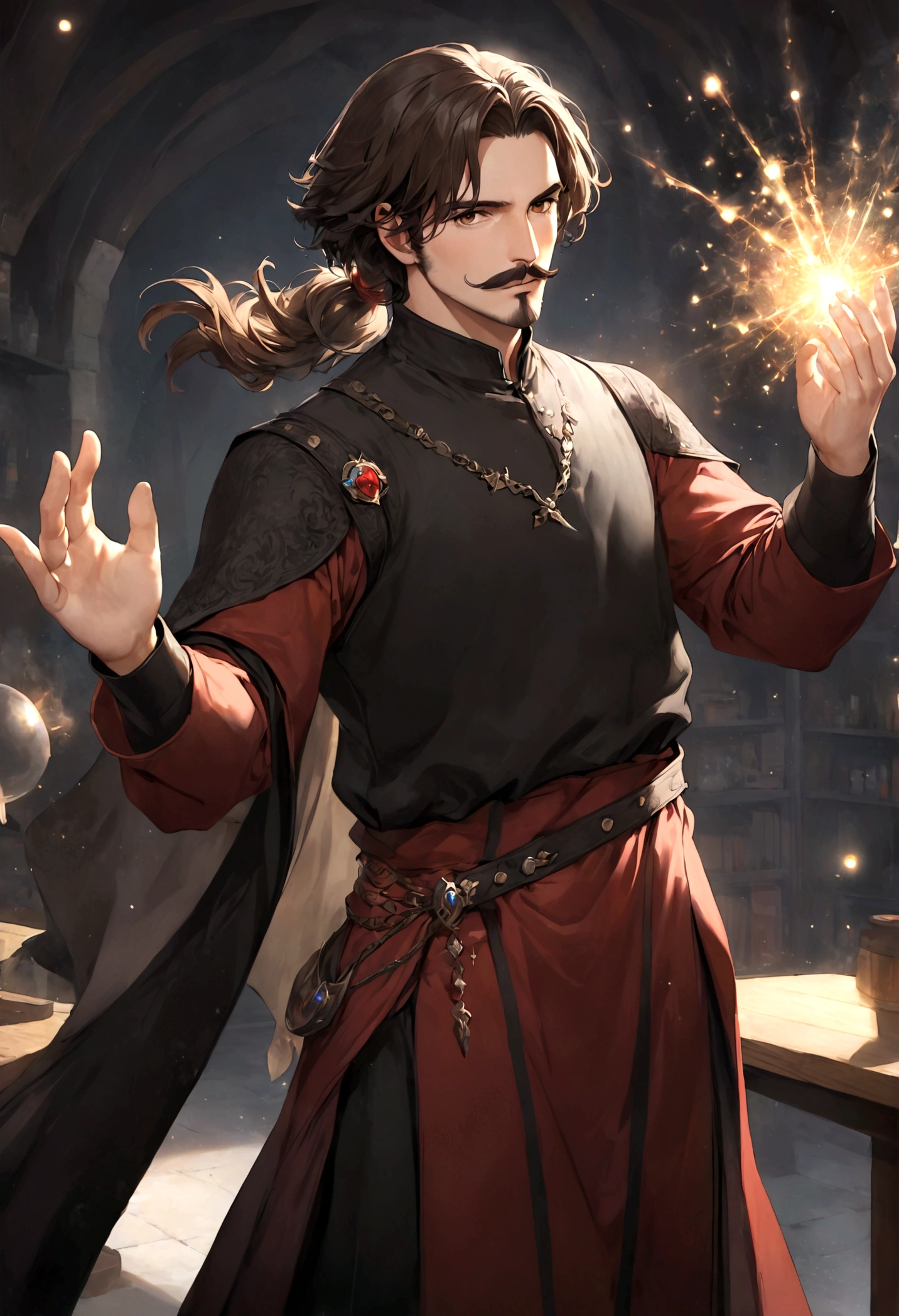 (tunic with red and black colors for men), ), ((bigote estilo Van Dyke y (barba de chivo) "Van Dyke", Van Dyke beard)), (light brown eyes), Aspecto atractivo y serio, ((cabello muy largo oscuro, messy hair)), Elegante y con estilo, magician style tunic, Un hombre similar al actor Jim Morrison con el cabello largo, ((cabello muy largo)), (Imagen realista y de alta calidad), laboratorio medieval, ((La mejor calidad, 8K, obra maestra).((dynamic pose with spells in hand with particles and looking forward, viendo al espectador)), (cabello largo pasando los hombros)