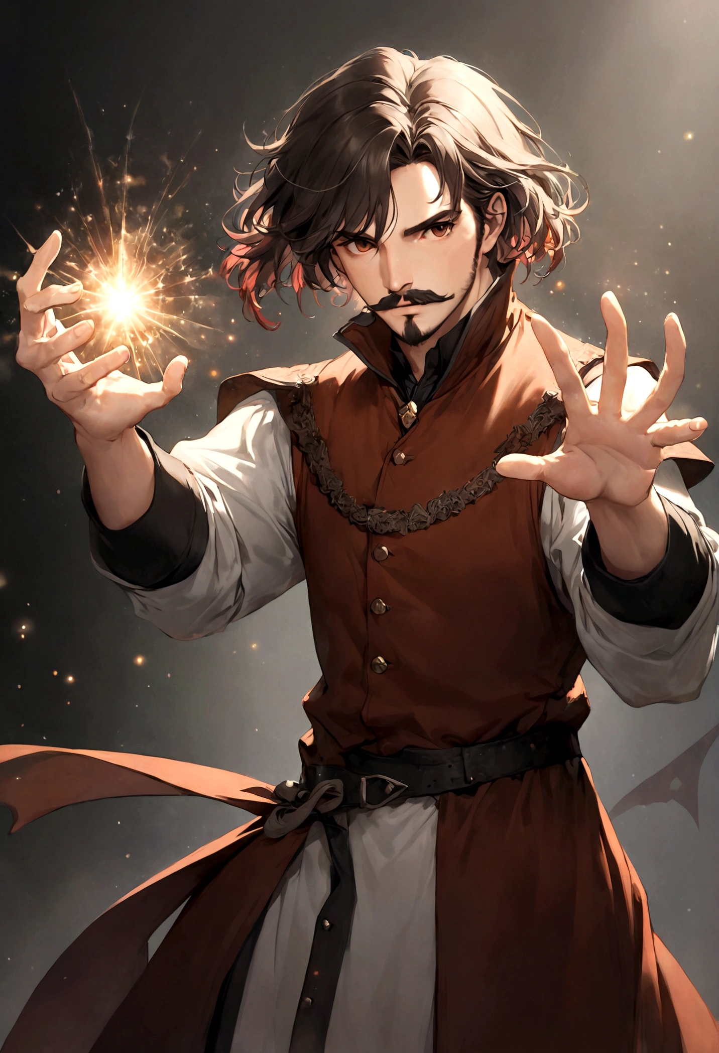 (tunic with red and black colors for men), ), ((bigote estilo Van Dyke y (barba de chivo) "Van Dyke", Van Dyke beard)), (light brown eyes), Aspecto atractivo y serio, ((cabello muy largo oscuro, messy hair)), Elegante y con estilo, magician style tunic, Un hombre similar al actor Jim Morrison con el cabello largo, ((cabello muy largo)), (Imagen realista y de alta calidad), laboratorio medieval, ((La mejor calidad, 8K, obra maestra).((dynamic pose with spells in hand with particles and looking forward, viendo al espectador)), (cabello largo pasando los hombros)