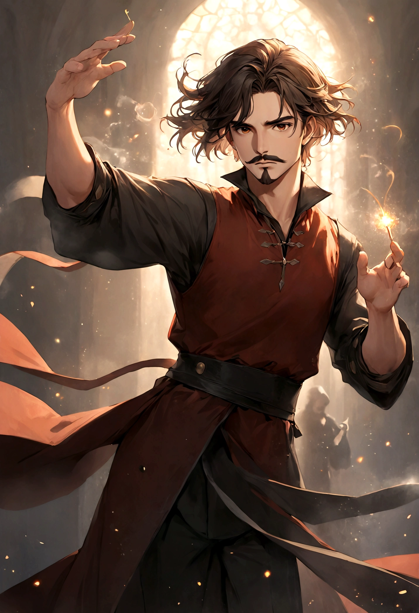 (tunic with red and black colors for men), ), ((bigote estilo Van Dyke y (barba de chivo) "Van Dyke", Van Dyke beard)), (light brown eyes), Aspecto atractivo y serio, ((cabello muy largo oscuro, messy hair)), Elegante y con estilo, magician style tunic, Un hombre similar al actor Jim Morrison con el cabello largo, ((cabello muy largo)), (Imagen realista y de alta calidad), laboratorio medieval, ((La mejor calidad, 8K, obra maestra).((dynamic pose with spells in hand with particles and looking forward, viendo al espectador)), (cabello largo pasando los hombros)