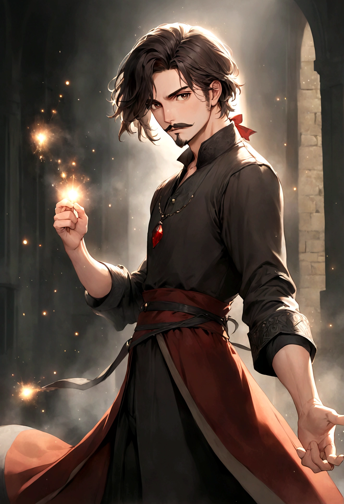 (tunic with red and black colors for men), ), ((bigote estilo Van Dyke y (barba de chivo) "Van Dyke", Van Dyke beard)), (light brown eyes), Aspecto atractivo y serio, ((cabello muy largo oscuro, messy hair)), Elegante y con estilo, magician style tunic, Un hombre similar al actor Jim Morrison con el cabello largo, ((cabello muy largo)), (Imagen realista y de alta calidad), laboratorio medieval, ((La mejor calidad, 8K, obra maestra).((dynamic pose with spells in hand with particles and looking forward, viendo al espectador)), (cabello largo pasando los hombros)