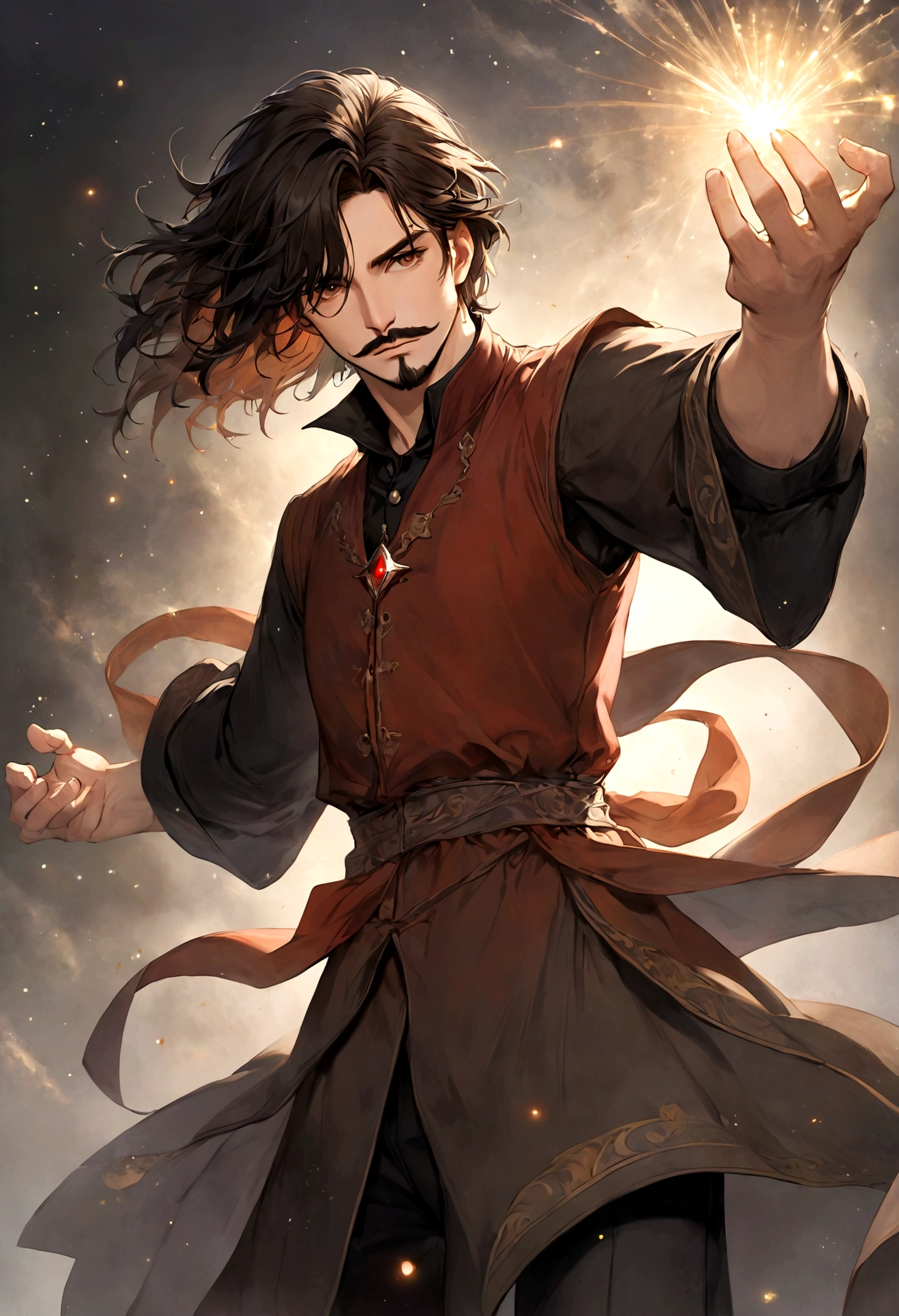 (tunic with red and black colors for men), ), ((bigote estilo Van Dyke y (barba de chivo) "Van Dyke", Van Dyke beard)), (light brown eyes), Aspecto atractivo y serio, ((cabello muy largo oscuro, messy hair)), Elegante y con estilo, magician style tunic, Un hombre similar al actor Jim Morrison con el cabello largo, ((cabello muy largo)), (Imagen realista y de alta calidad), laboratorio medieval, ((La mejor calidad, 8K, obra maestra).((dynamic pose with spells in hand with particles and looking forward, viendo al espectador)), (cabello largo pasando los hombros)