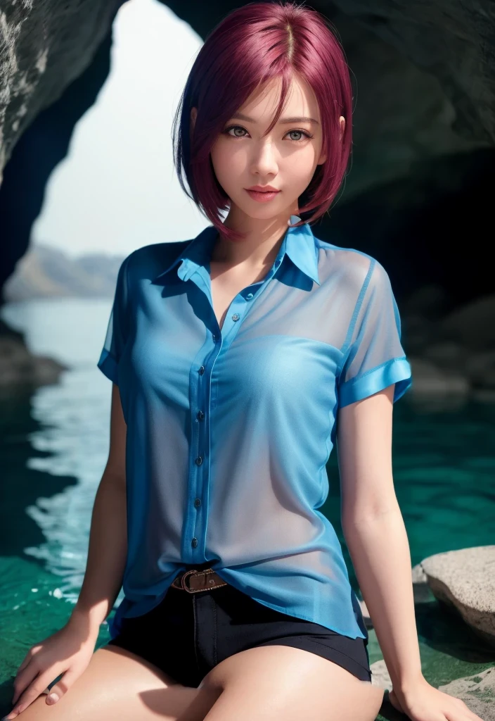 (The scenery reflected on the calm water surface, where blue light shines through the cave, is like a dream world.), 8K, of the highest quality, masterpiece:1.2), smile, (sheer shirt:1.5), short pants, (Realistic, Photorealsitic:1.37), the highest quality, masterpiece, sitting on a stone, bright pink hair, Beautiful young woman, Pensive expression, charming, an inviting look, pixie hair, Cinematic background, Light skin tone,