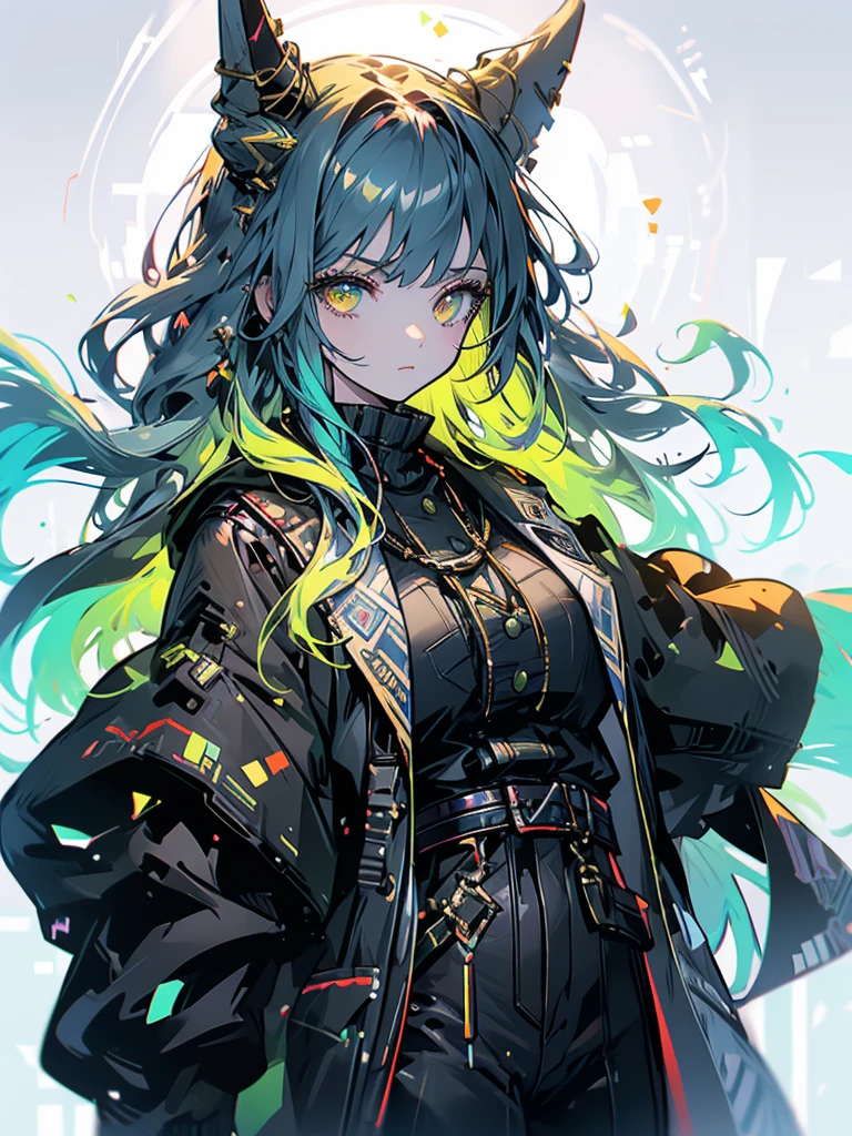 ((live 2D)) masterpiece, 1girl, full body, stands straight, steampunk clothes, military clothing, looking at viewer, detailed face, girl with green wavy hair, bangs, metal sheep horns, gradient hair, multicolored hair, light green hair, turquoise hair tips, wavy hair, gradient eyes, orange eyes, (simple background, white background: 1.3), big ass, thick ass, thick body