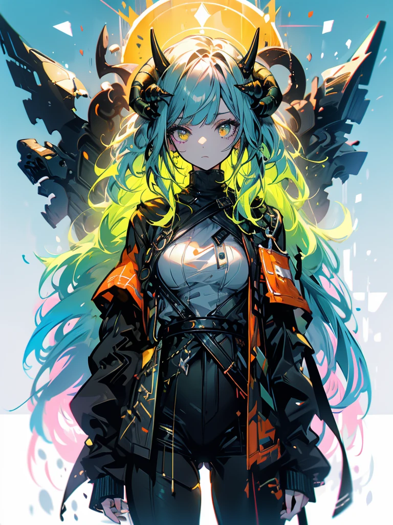 ((live 2D)) masterpiece, 1girl, full body, stands straight, steampunk clothes, military clothing, looking at viewer, detailed face, girl with green wavy hair, bangs, metal sheep horns, gradient hair, multicolored hair, light green hair, turquoise hair tips, wavy hair, gradient eyes, orange eyes, (simple background, white background: 1.3), big ass, thick ass, thick body