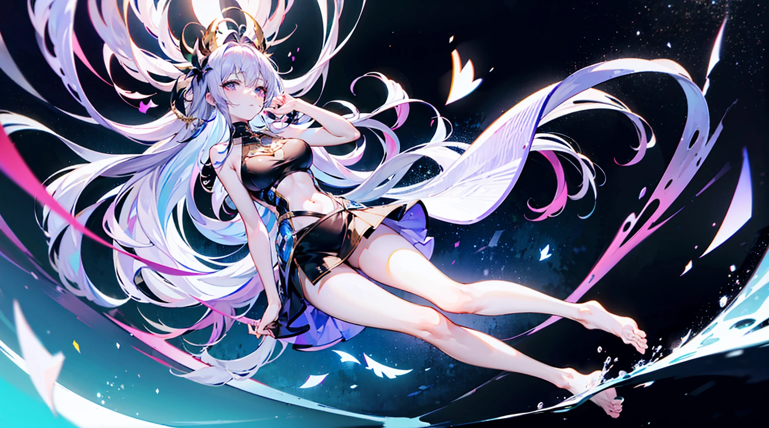 Lilac hair with gradient,asymmetrical hair,((Very voluminous hair 1.8,Hair is clearly defined1.6)), shoulder-length hair, dirty hair, Очень long hair, shiny hair,(long hair:1.2),beautiful girl,Luxurious purple miniskirt,Made of transparent material.,(Transparent clothes transparent 1.8),perfect bodies,High and tall,slimness,(Looks sad,face haggard and pale,Grieving,closing my mouth:1.2) The action takes place against the backdrop of an unusually bright dark starry sky.,(On your stomach,One hand supports your head),(round, Medium large, firm breasts),barefoot,afloat,water surface,(long legs,long legs,long legs,Ideal leg shape),full body photo。
