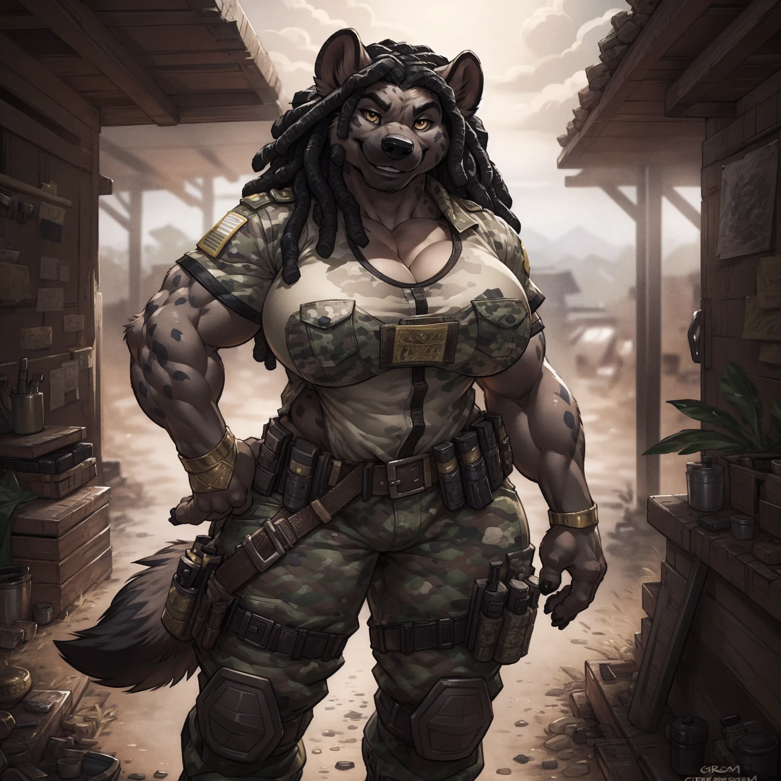 solo, 1girl, hyena, female, broad shoulders, stocky build, buff, muscular, large breasts, beige fur, spots, dreadlocks, black hair, gold eyes, highly detailed eyes, Amazon, powerful figure, wearing camouflage_uniform, (monochrome uniform:1.2), military camp, rolled sleeves, shirt, cleavage, standing upright, combat boots, full body, smiling, friendly, looking at viewer, realistic lighting, by darkgem, by wfa, by gideon,
