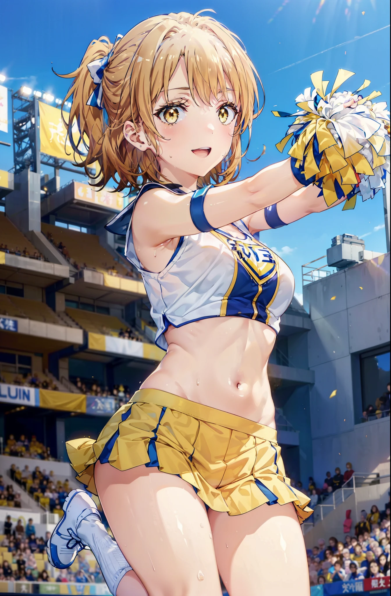 irohaisshiki, iroha isshiki, short hair, brown hair, (Brown eyes:1.5), smile,happy smile, smile, Open your mouth,(cheer leading), (whole body), Big Breasts, Lower, (Sweaty), Sweaty Wet Clothes, (Yellow clothes),No sleeve,Yellow pleated skirt,sneakers , Belly button support, playground, (Jump), (Jump), 足を曲げてJumpする, air, blue sky, Grass原, smile
チアリーダー, Pom-pom \(cheer leading\), Grass, smile, whole bodyがイラストに入るように,
break outdoors,Stadium,
break looking at viewer,whole body,
break (masterpiece:1.2), Highest quality, High resolution, unity 8k wallpaper, (shape:0.8), (Fine and beautiful eyes:1.6), Highly detailed face, Perfect lighting, Highly detailed CG, (Perfect hands, Perfect Anatomy),