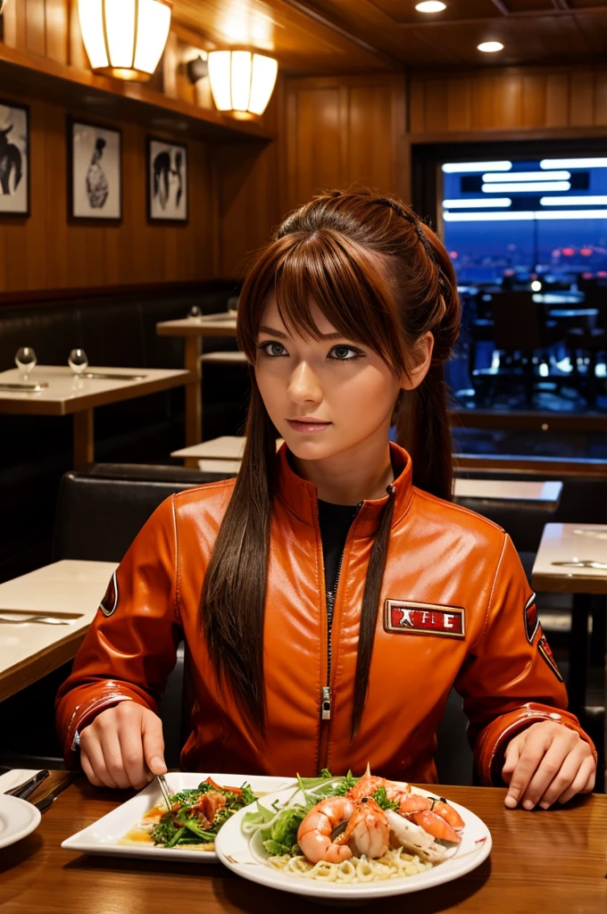 Evangellion Asuka (hair pulled back, iconic pilot suit) is in a seafood restaurant celebrating victory, on the table in front of her is a huge steamed lobster meal