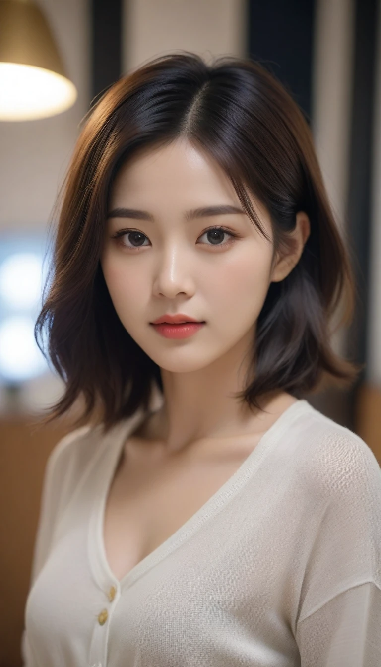 A close-up of a beautiful Korean woman, 29 inch breast size, wearing a long-sleeved shirt, skirt, elegant expression, Looking straight ahead at the camera, Leave a cup of coffee indoors in the apartment, bokeh background, night, short hair front view, UHD