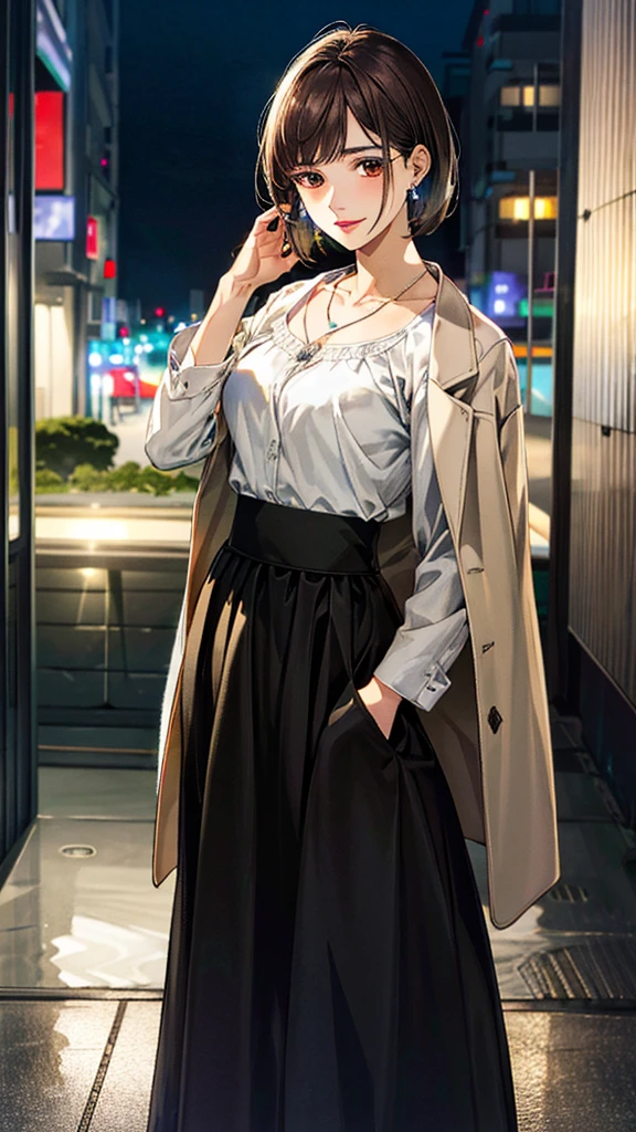(masterpiece:1.3, Highest quality, Ultra-high resolution, Super detailed), (Realistic, photoRealistic:1.4), Beautiful illustrations, Perfect lighting, colorful, Depth of written boundary,
Beautiful detailed hair, Beautifully detailed face, Beautiful fine details, Beautiful clavicle, Beautiful body, 美しいLarge Breasts, Beautiful thighs, Beautiful feet, Beautiful fingers,
View Viewer, Full Body Shot、Front view:0.6, 1 girl, Japanese, Female college student, Perfect Face, (Perfect Anatomy, Anatomically correct), Cute and symmetrical face, Baby Face, , Shiny skin,
Wearing a coat、((Black blouse:1.4,)) ((Long skirt:1.4)),(pumps:1.4)
(Dark brown hair, Bobcut:1.4), Dark brown eyes, (Large Breasts), thin,
necklace, (Small earrings:1.3),
(Beautiful views), (night), (city, cityscape in the distance), Are standing, (Smile, Lips parted),