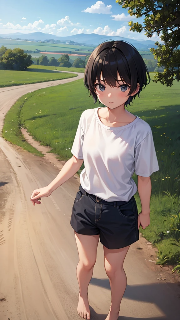 tomboy, young teen, barefoot, countryside, dirt road, short black hair