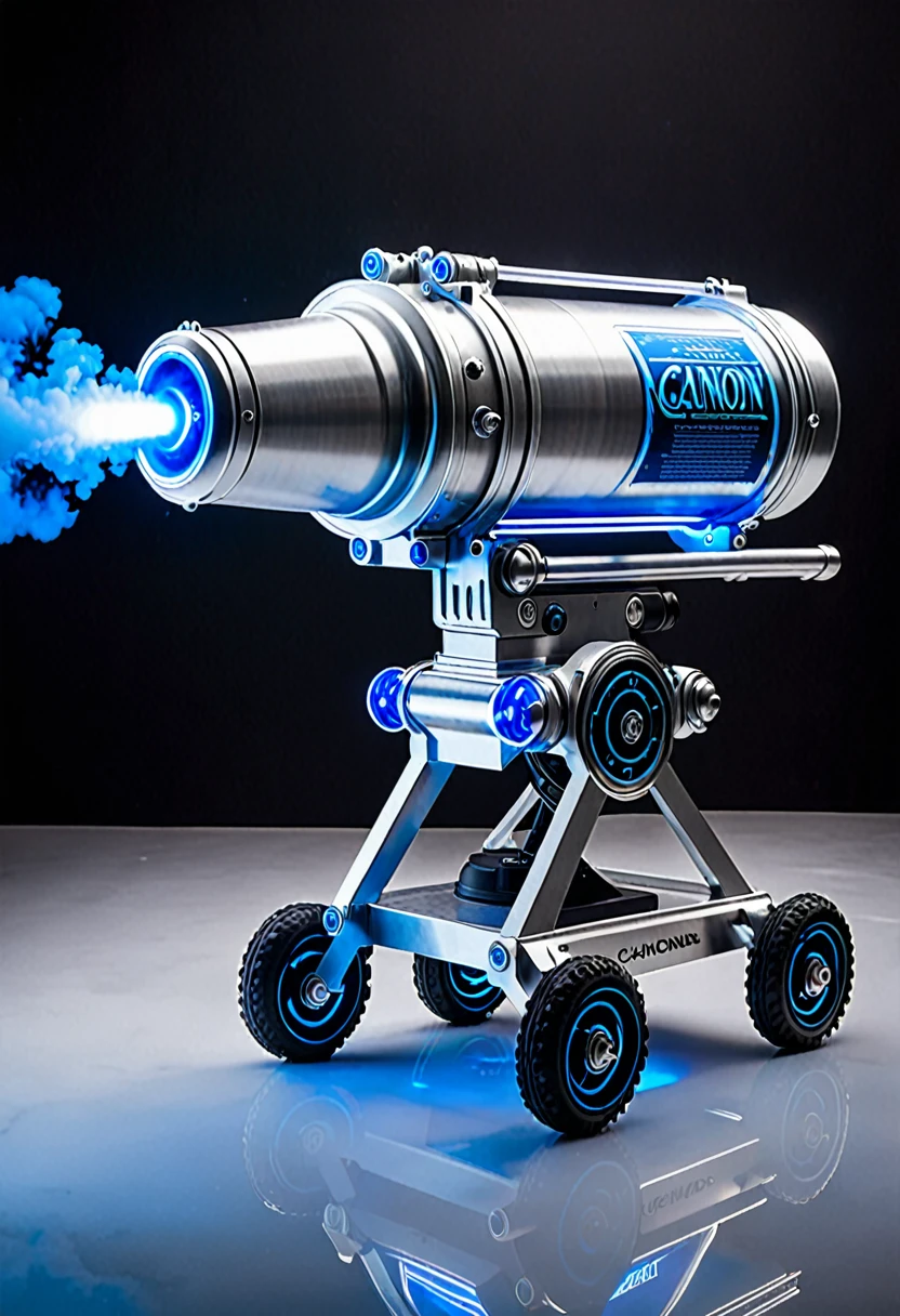 high tech silver cannon with neon blue lights that uses liquid nitrogen
