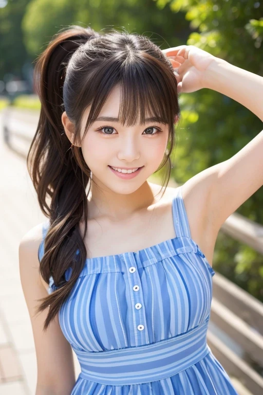 Produce the highest quality and highest resolution 8K images。The model is a 20-year-old Japanese woman.。The image depicts a person smiling at the camera and taking a commemorative photo at a tourist spot.。Draw the upper body of the model。She has brown eyes and a model figure.、She has an idol-level cute face.。The hair is in a ponytail。Skin has a healthy color。Clothes、She is wearing a cute dress.。