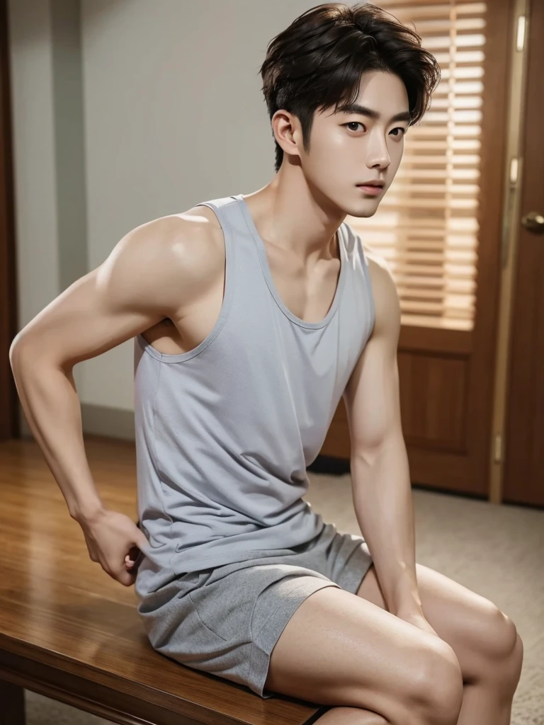Best quality, High quality, A high resolution, 4K, Masterpiece, detailed face, handsome 29 year old korean man, tank top, he is now at home, full body