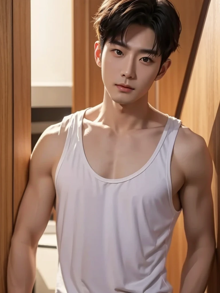 Best quality, High quality, A high resolution, 4K, Masterpiece, detailed face, handsome 29 year old korean man, tank top, he is now at home, full body