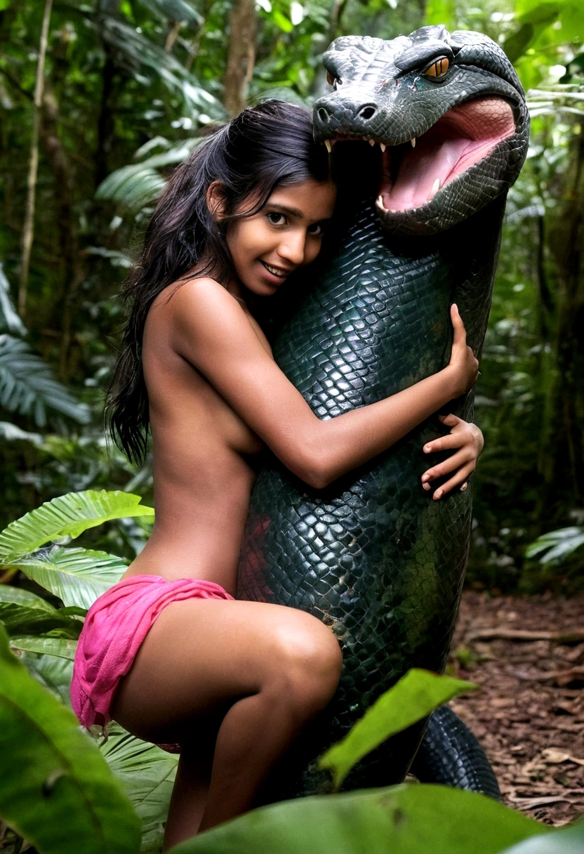 Topless pink thong wearing aroused horny beautiful happy young Indian girl vs Giant black anaconda monster wrapped around her body squeezing her in coiled embrace cuddling and kissing sexual erotic bestiality sex realistic in the rainforest full body, best quality wet