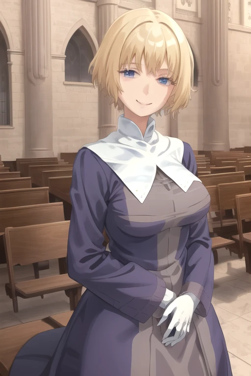 Orsola, short blonde hair, solo, smiling, cowboy shot, 
 blue habit ,white gloves, long sleeves, nun, long skirt,
(insanely detailed, beautiful detailed face,beautiful detailed eyes, masterpiece, best quality) church,
   