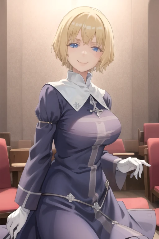 Orsola, short blonde hair, solo, smiling, cowboy shot,
blue habit ,white gloves, long sleeves, nun, long skirt,
(insanely detailed, beautiful detailed face,beautiful detailed eyes, masterpiece, best quality) church,