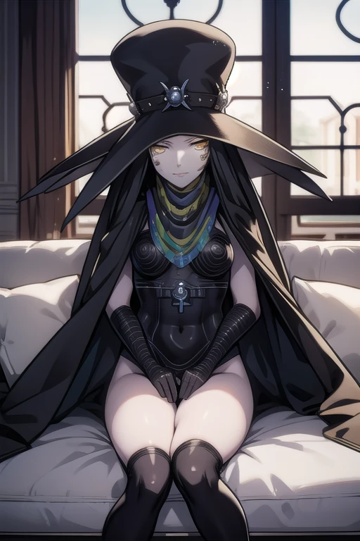 Masterpiece, best quality, Scathach, solo, female1, shin megami tensei, cape hat, black cape, flower tattoo, gloves, white skin, (yellow eyes 1.1), flowing, sitting, shirt, smile, couch, living room