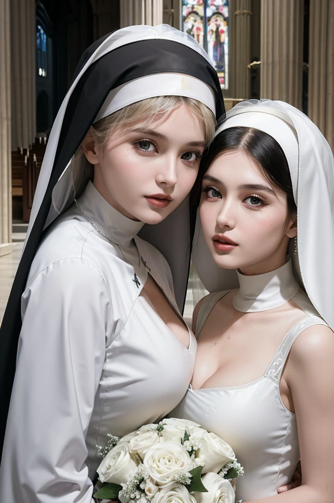 Digital art, Eric Wallis-inspired two nuns, black makeup enhancing the mysterious aura, transparent chiffon cassock flowing with every subtle movement, adorned with gothic tattoos featuring crosses and wings, fingers embellished with cross-shaped nails, Marc Riboud's photographic style, shot in the confines of a professional studio, ultra HD, realistic rendition of divine elegance, distinguished by sharp focus, intricate details as seen in octane rendering,layered with detailed acrylic grunge textures, complexity in every stroke, rendered in Unreal Engine for a photorealistic effect. High Resolution, High Quality, Masterpiece