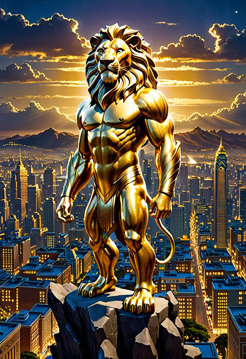 a colossal, (King Olympus) towering over the cityscape at night, Overlooking the viewer, with electricity. The creature's scales and spine should be detailed, resulting in shadows under dramatic lighting that suggest wealth and prosperity. In the foreground, include the (lion king) standing with his back to the viewer. set amidst twinkling buildings and scattered gold coins to convey the incomparable prosperity of the figure of Zeus.