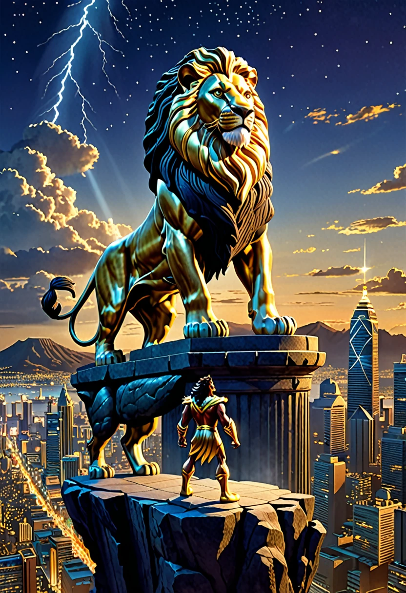 a colossal, (King Olympus) towering over the cityscape at night, Overlooking the viewer, with electricity. The creature's scales and spine should be detailed, resulting in shadows under dramatic lighting that suggest wealth and prosperity. In the foreground, include the (lion king) standing with his back to the viewer. set amidst twinkling buildings and scattered gold coins to convey the incomparable prosperity of the figure of Zeus.
