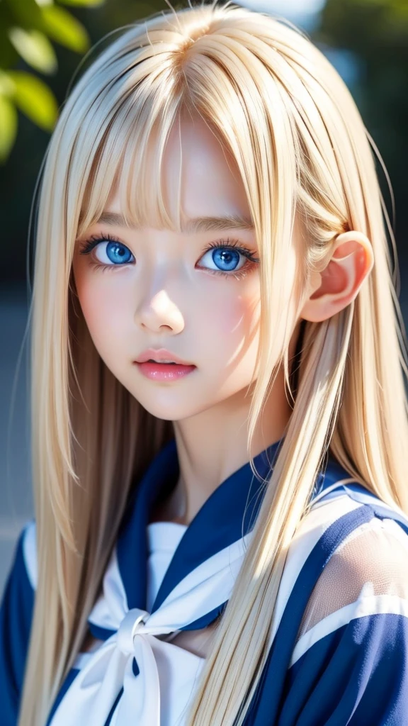Beautiful girl with a pretty face、beautiful blonde straight super long hair、Half Body Shot、Beautiful long bangs hanging over the face、Very beautiful, bright, pale sky blue eyes、Very big eyes、Blonde hair between the eyes、Round face、Blonde hair above the eyes、片Blonde hair above the eyes、、Sailor suit、Very white and young skin、Cheek gloss、Cheek highlighter、Small Face Beauty