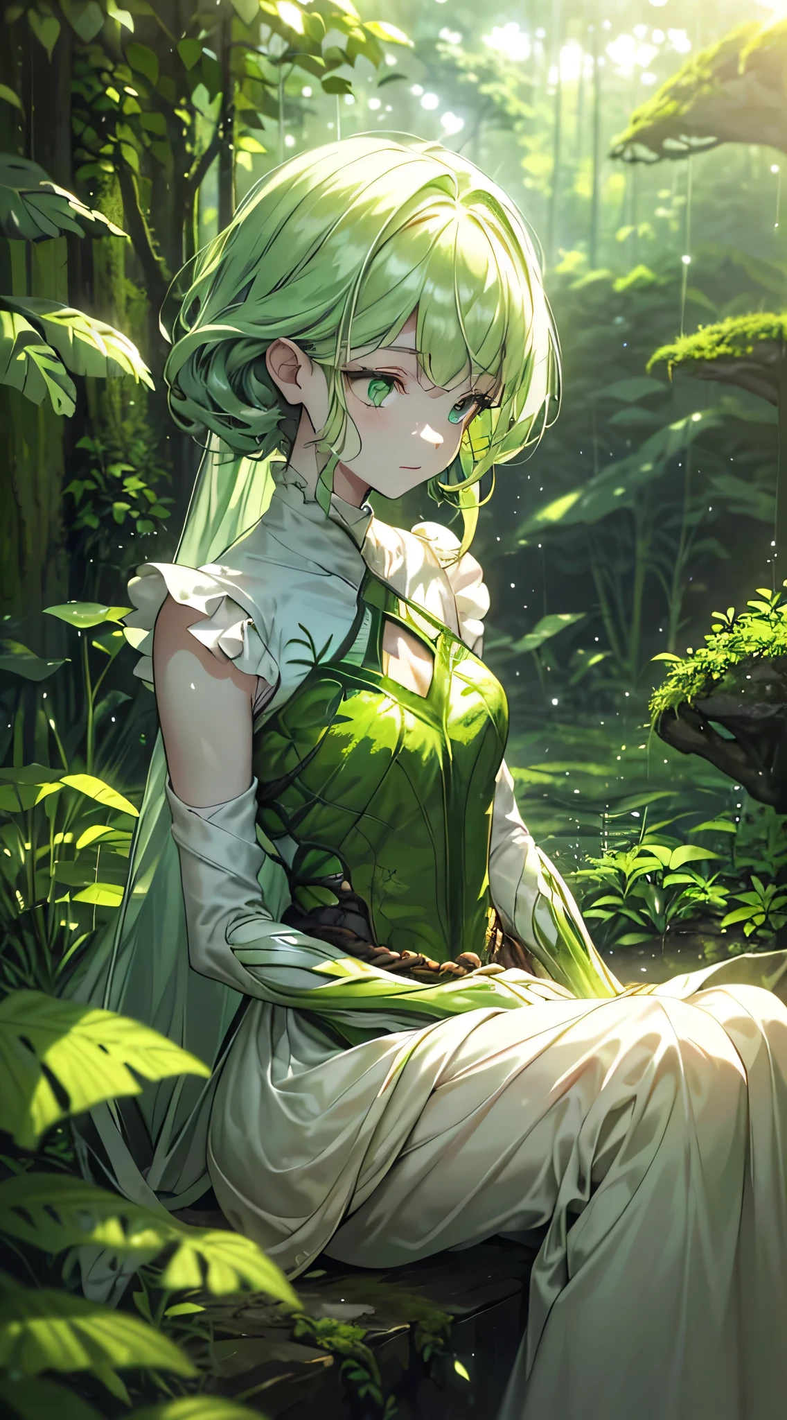 ((((Softer lighting warm palette)), 1girl, calm, sitting, (((green clothing, verdant plants)), ((emerald green dress, green sling:0.9))), pale skin, ((green eyes)), ((luminous eyes))), ((centered)), (medium shot), facing viewer, (((countryside, forest, sunlit plants:0.9))), gentle smile, ((perfect hands)), (((head:1, limbs in view, hair in view))), ((hands clasped)), peaceful environment, outside, outdoors, background, ((defined subject)), 25 years old, ((serene)), (((soft focus)))