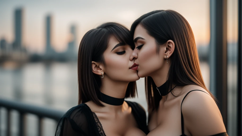 masterpiece,best qualtiy,hdr, hyper HD, 8K,Bokeh,Ultra-fine painting,Sharp focus,Physically-based rendering,Extreme detail description,half-body photo, 2 women, 18 years old, (kissing:1.3), (long Shag_cut hair), (big breasts:1.3), (smile:0.95), choker, (black eyeshadow:1.1), (red lips:0.80), looking at viewer, (EOS R8, 50 millimeters, F1.2, 8K, RAW photo:1.2)