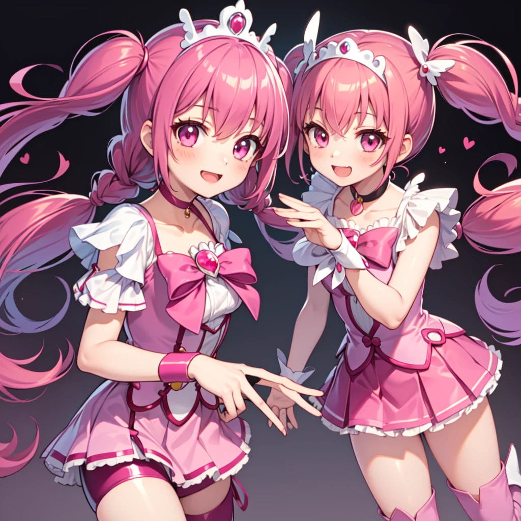 Highest quality, Super detailed, masterpiece, anime, One Girl, alone, Cure happiness, Pink Hair, (Large curls and low twin tails), Feather hair ornament, skirt. tiara, Wrist cuff, (Pink shorts), Pink shorts under skirt, boots, Smile, (Shiny fabric), Cowboy Shot, Pink Gemstones, Are standing, blush, (Beautiful fine details), Highly detailed face, Perfect lighting, Highly detailed CG, (Perfect hands, Perfect Anatomy), Shiny material, Pink ribbon, jewelry, Latex gloss,