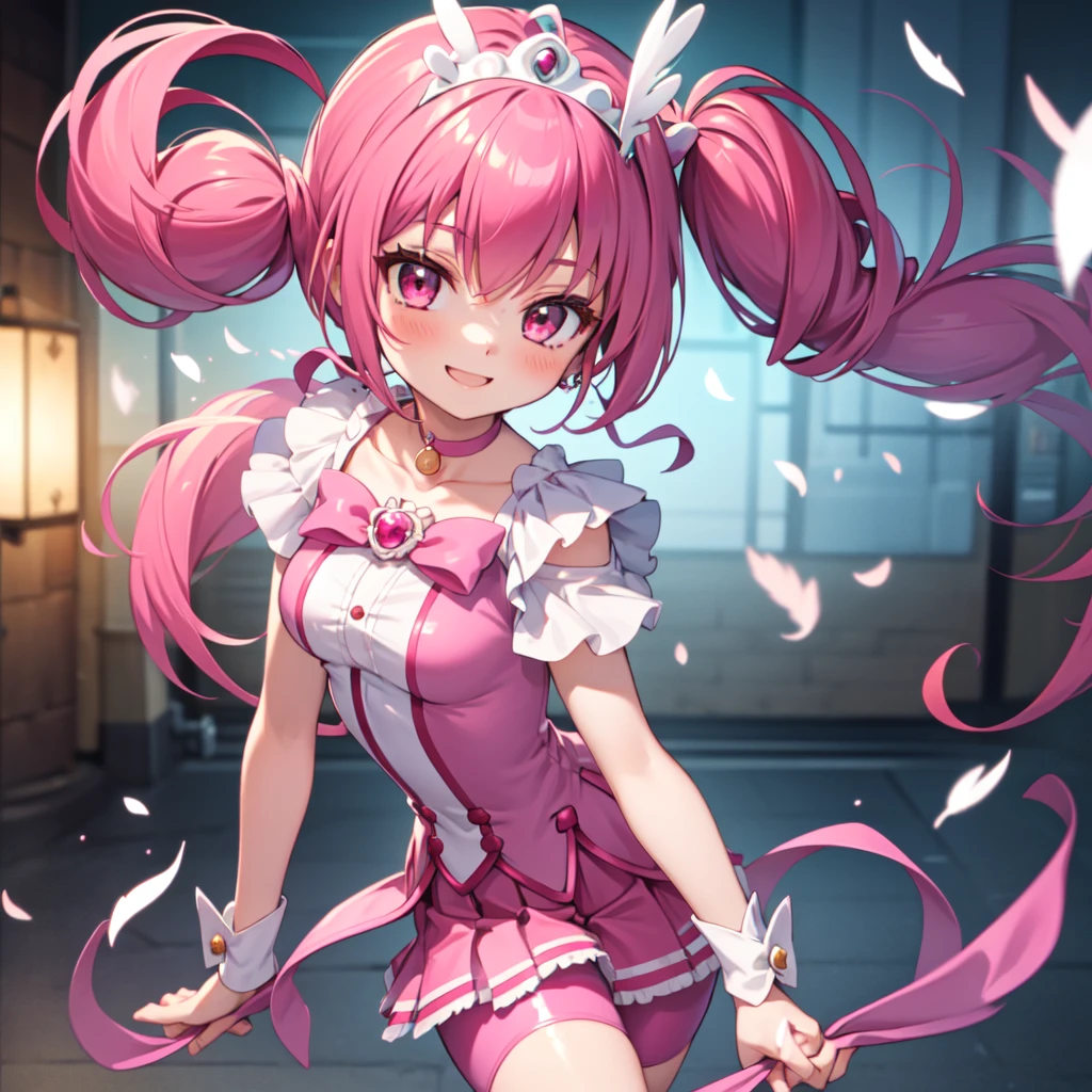 Highest quality, Super detailed, masterpiece, anime, One Girl, alone, Cure happiness, Pink Hair, (Large curls and low twin tails), Feather hair ornament, skirt. tiara, Wrist cuff, (Pink shorts), Pink shorts under skirt, boots, Smile, (Shiny fabric), Cowboy Shot, Pink Gemstones, Are standing, blush, (Beautiful fine details), Highly detailed face, Perfect lighting, Highly detailed CG, (Perfect hands, Perfect Anatomy), Shiny material, Pink ribbon, jewelry, Latex gloss,