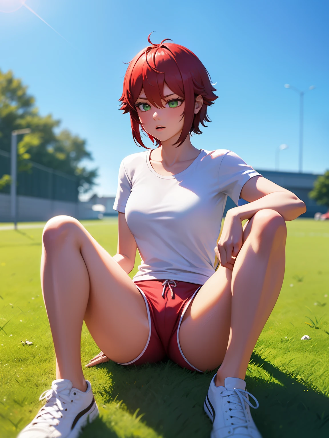 8k, best quality, masterpiece, ultra-detailed,1girl,solo,short hair, green eyes,red hair,White t-shirt, White shirt,red shorts, sitting on the field, training ground, morning, bright sun, looking away,ultra detail, ultra HD,full body photo