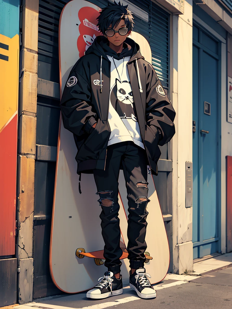 c4tt4stic, Gato preto fofo  de desenho animado com jaqueta ,com skate, oculos de sol,com jaqueta preta de couro,Cat standing with skateboard on paws with skateboard 