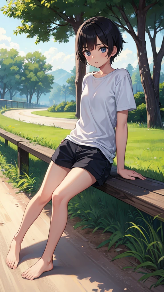 tomboy, young teen, barefoot, countryside, dirt road, very short black hair