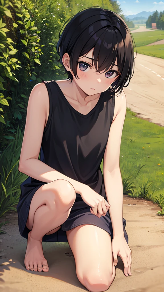 tomboy, young teen, barefoot, countryside, dirt road, very short black hair