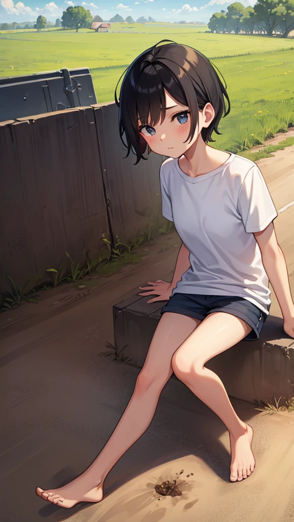 tomboy, young , barefoot, countryside, dirt road, very short black hair