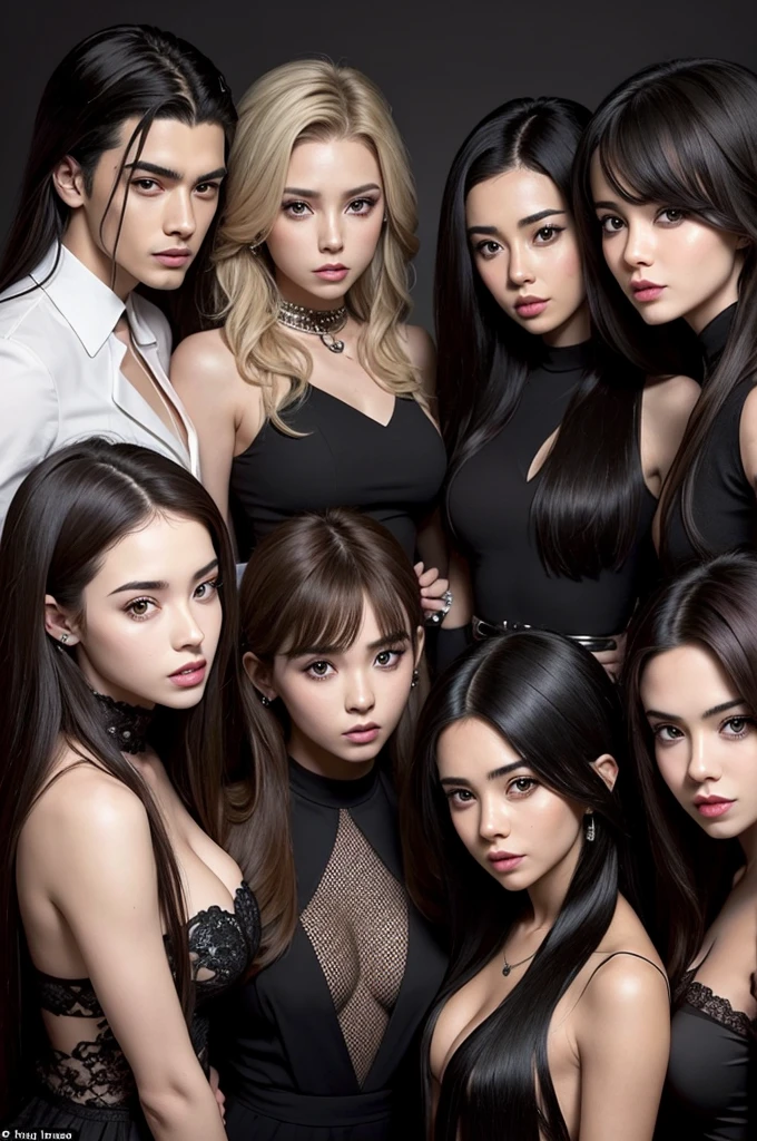 Crie um grupo de seis integrantes: Harry, Liam and Zayn from one direction together with three girls. Uma de cabelo preto longo, outro com cabelo castanho de franja e uma loirinha de cabelos longos