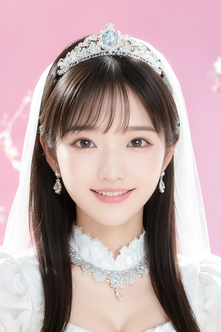 (Highest quality、Tabletop、8k、Best image quality、Award-winning works)、One beautiful bride、(alone:1.1)、(The most extravagant and gorgeous huge pure white wedding dress:1.1)、(Perfect Wedding Lace:1.2)、(The most gorgeous and luxurious giant tiara:1.1)、(The most extravagant and luxurious giant necklace:1.1)、(Huge jeweled tiara:1.1)、Cleavage、Large Breasts、Smiling widely and showing off beautiful teeth、Look at me with your best smile、The finest jewellery decoration、Perfect Makeup、Long eyelashes、Ultra HD Shining Eyes、Ultra HD Hair、Ultra-high resolution glossy lips、Ultra High Resolution Perfect Teeth、Super high resolution beautiful face、(Accurate anatomy:1.1)、Very bright and beautiful skin、very bright and vivid、Beautiful glossy lips、Perfect beautiful bridal hairstyles、(Front facing body:1.1)、(Solid pink background:1.2)