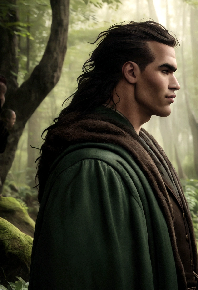 Arafed The Man in the Green Jacket in the Woods, Vin Diesel, Hero, Epic Fantasy as a Medieval Fantasy Character, Portrait of Fin the Wild Cloak, Dwayne Johnson as Harry Potter, Dominic Toretto, Fantasy Character Photo, Ronaldo Nazario, Profile Shot, Epic Fantasy D&D Hobbit Rogue