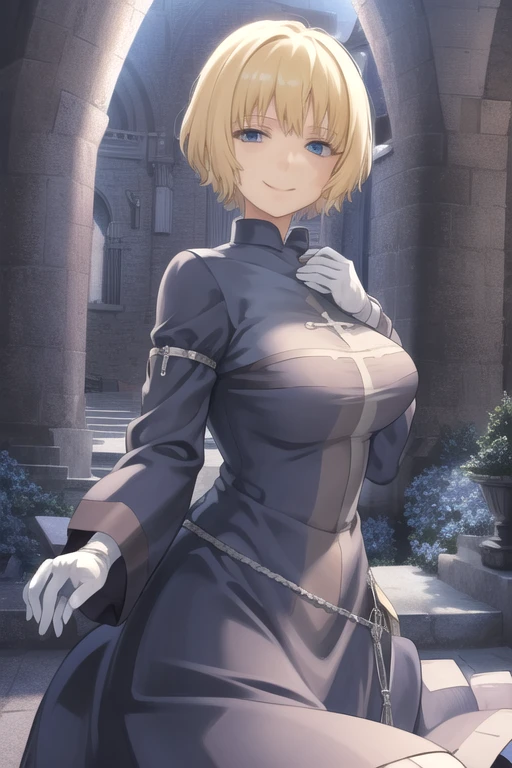 Orsola, short blonde hair, solo, smiling, cowboy shot,
blue habit ,white gloves, long sleeves, nun, long skirt,
(insanely detailed, beautiful detailed face,beautiful detailed eyes, masterpiece, best quality) church,