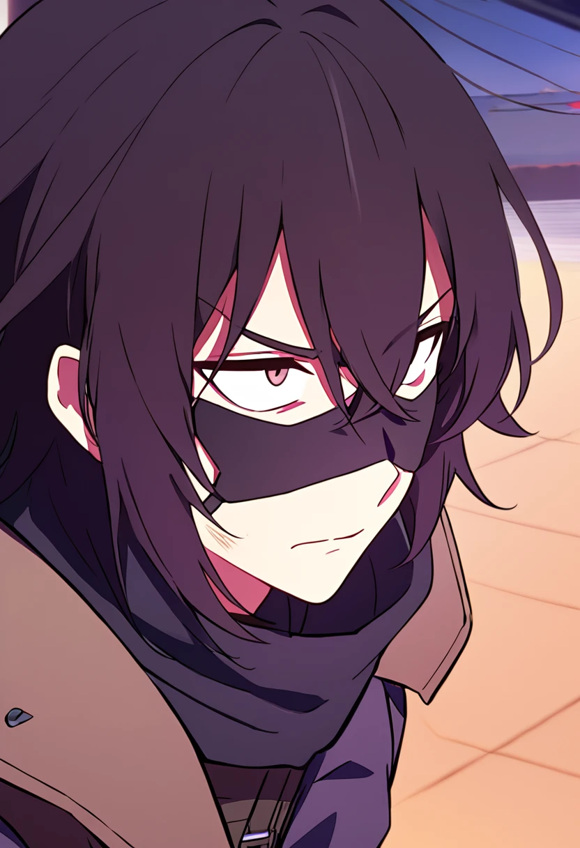 Anime male, black messy hair, white eyes, black facemask covering both mouth and nose, black hoodie, black long scarf, black cloak, tactical vest, black pants, black shirt, serious face expression, (best quality), Tactical outfit, one person, cool