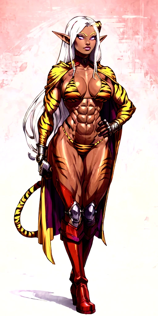 Full body, masterpiece, 1solofemale drow elf purple skin standing pose (yellow tiger bikini) cape, bikini, long white hair, strong body, abs, Ultra Quality, shiny skin, Atmospheric, 8K, Cinematic BREAK, sunglasses, 2legs, 2arms, muscle abs toned, slender body, long silver white hair, purple eyes, hands on hips red gloves gauntlets, red military boots ((plain background))