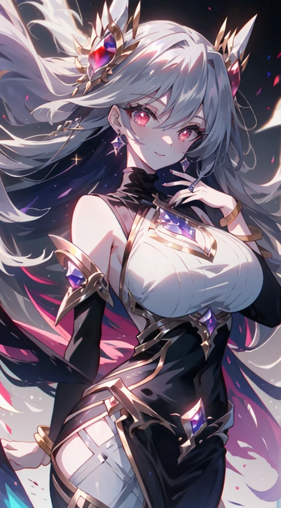 （simple hands：0.5）+（detailed hands：0.7），（masterpiece），（Best quality），Red eyes，1 girl，pale skin，gray-haired，Red eyes，Two hair colors，eyelashes，Bracelet，jewelry，smiled，shiny skin，shiny hair，detailed and majestic scene，fantastic，long hair，1 Girl with big breasts，Two hair colors，night sky， Невероятно детализированный masterpiece компьютерной графики，looking at you，The proportions are correct.，animesexy，beautiful anime eyes， beautiful detailed eyes， purple eyes， sparkling sparkling eyes， Red eyes， （whole body）， （curves），