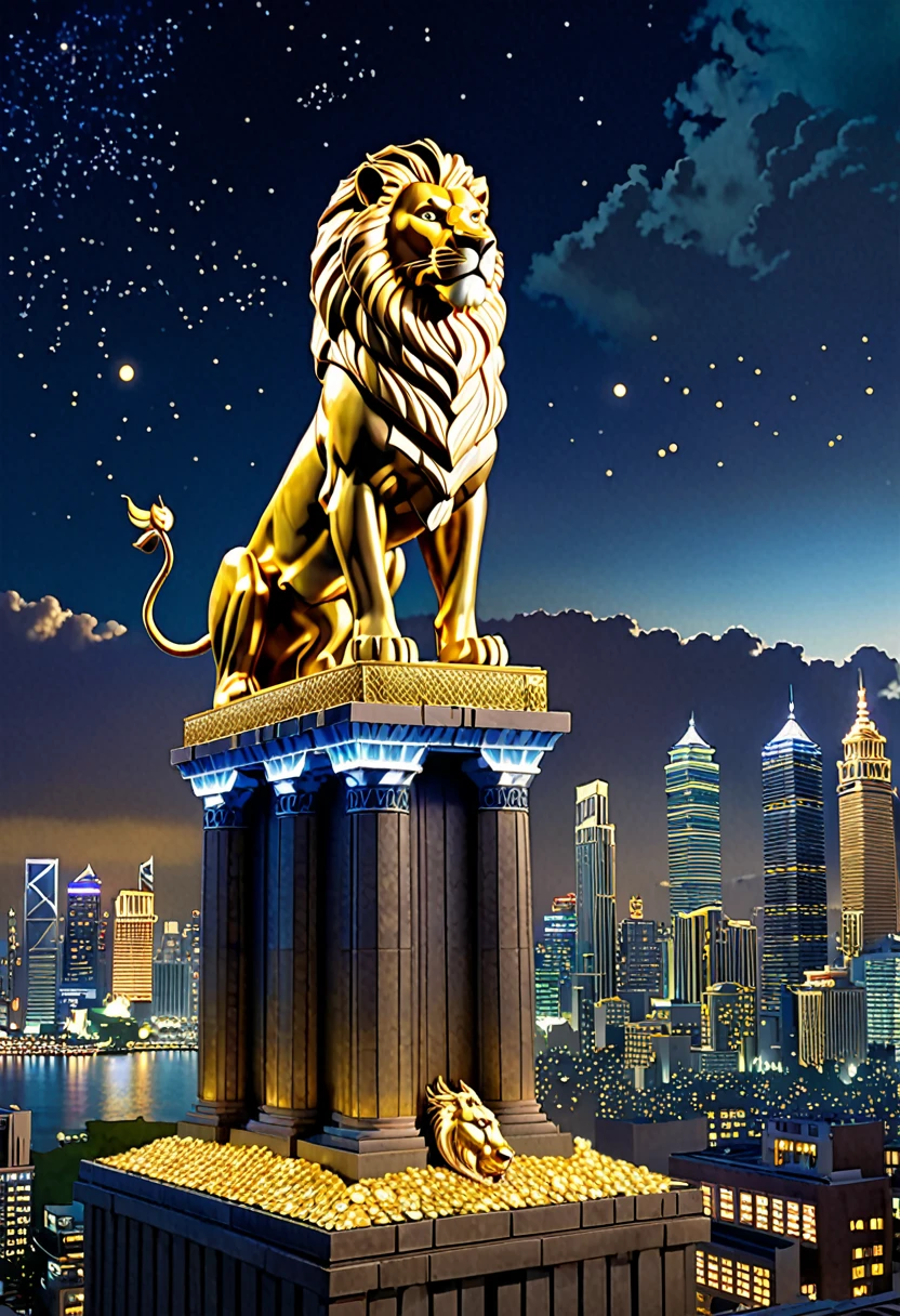a colossal, (King Olympus) towering over the cityscape at night, Overlooking the viewer, with electricity. The creature's scales and spine should be detailed, resulting in shadows under dramatic lighting that suggest wealth and prosperity. In the foreground, include the (lion king) standing with his back to the viewer. set amidst twinkling buildings and scattered gold coins to convey the incomparable prosperity of the figure of Zeus.
