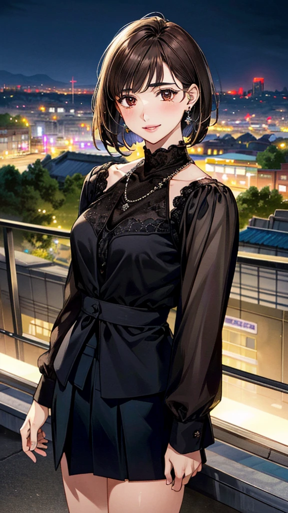 (masterpiece:1.3, Highest quality, Ultra-high resolution, Super detailed), (Realistic, photoRealistic:1.4), Beautiful illustrations, Perfect lighting, colorful, Depth of written boundary,
Beautiful detailed hair, Beautifully detailed face, Beautiful fine details, Beautiful clavicle, Beautiful body, 美しいLarge Breasts, Beautiful thighs, Beautiful feet, Beautiful fingers,
View Viewer, Full Body Shot、Front view:0.6, 1 girl, Japanese, Female college student, Perfect Face, (Perfect Anatomy, Anatomically correct), Cute and symmetrical face, Baby Face, , Shiny skin,
Wearing a coat、((Black blouse:1.4,)) ((skirt:1.4)),(pumps:1.4)
(Dark brown hair, Bobcut:1.4), Dark brown eyes, (Large Breasts), thin,
necklace, (Small earrings:1.3),
(Beautiful views), (night), (city, cityscape in the distance), Are standing, A soft smile、(Smile, Lips parted),