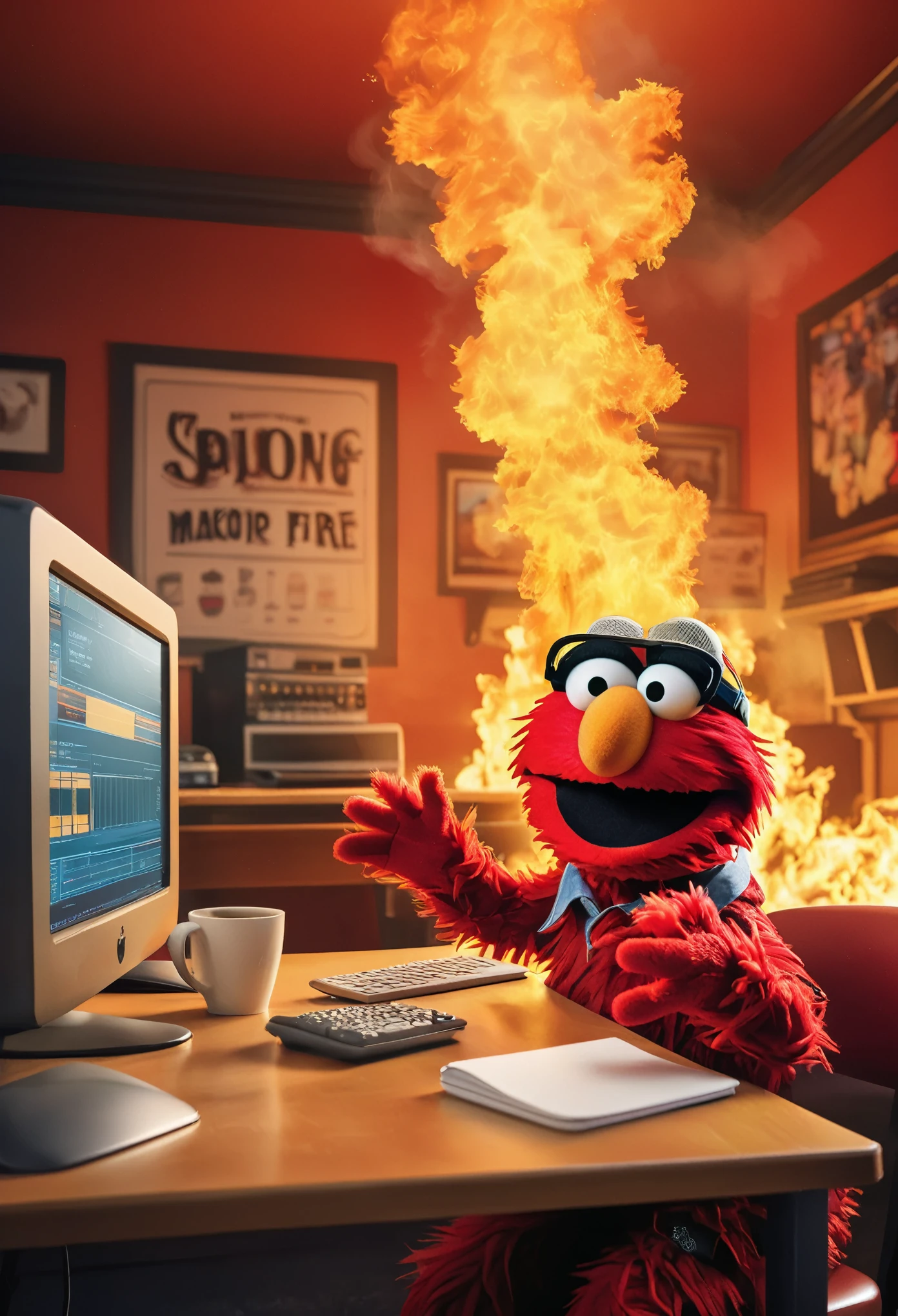 (masterpiece, Highest quality, 2D illustration, 2D, Best of Art Station),(1 Elmo The Muppets, The Muppets, Elmo, Red fur:1.1), sitting behind a desk, Elmo as a programmer, Soft and round yellow, A computer screen with many errors, Mac Pro Computer, (Everything is on fire, Coffee cup on fire,The room is on fire, Background confusion, Thick smoke gathering on the ceiling,Huge Flame:1.2), Elmo is holding his flaming coffee cup with two hands, (Hairy arms:1.3)