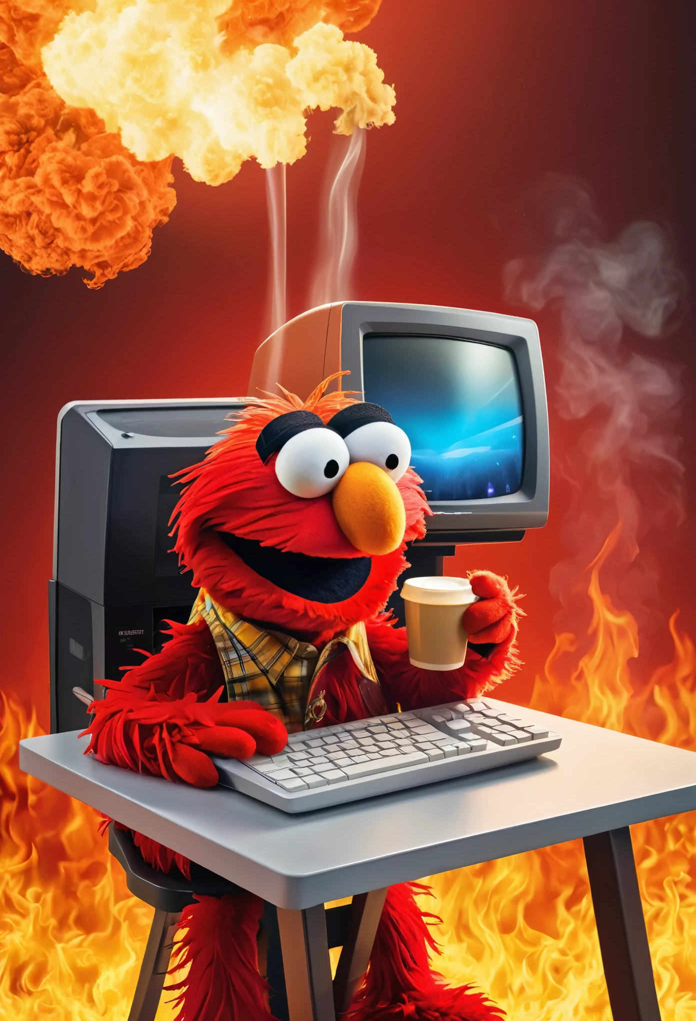 (masterpiece, Highest quality, 2D illustration, 2D, Best of Art Station),(1 Elmo The Muppets, The Muppets, Elmo, Red fur:1.1), sitting behind a desk, Elmo as a programmer, Soft and round yellow, A computer screen with many errors, Mac Pro Computer, (Everything is on fire, Coffee cup on fire,The room is on fire, Background confusion, Thick smoke gathering on the ceiling,Huge Flame:1.2), Elmo is holding his flaming coffee cup with two hands, (Hairy arms:1.3)