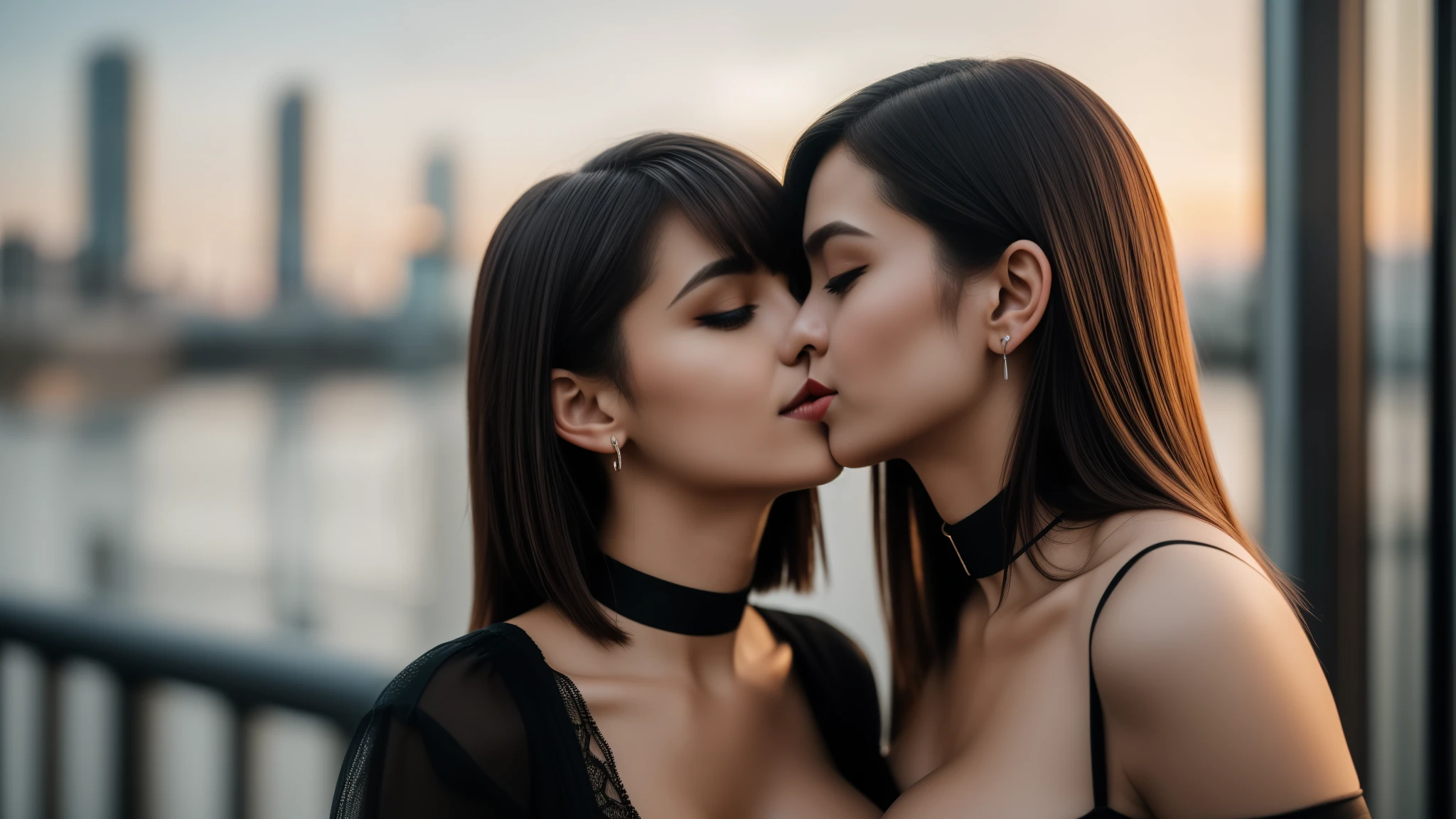 masterpiece,best qualtiy,hdr, hyper HD, 8K,Bokeh,Ultra-fine painting,Sharp focus,Physically-based rendering,Extreme detail description,half-body photo, 2 women, 18 years old, (kissing:1.3), (long Shag_cut hair), (big breasts:1.3), (smile:0.95), choker, (black eyeshadow:1.1), (red lips:0.80), looking at viewer, (EOS R8, 50 millimeters, F1.2, 8K, RAW photo:1.2)