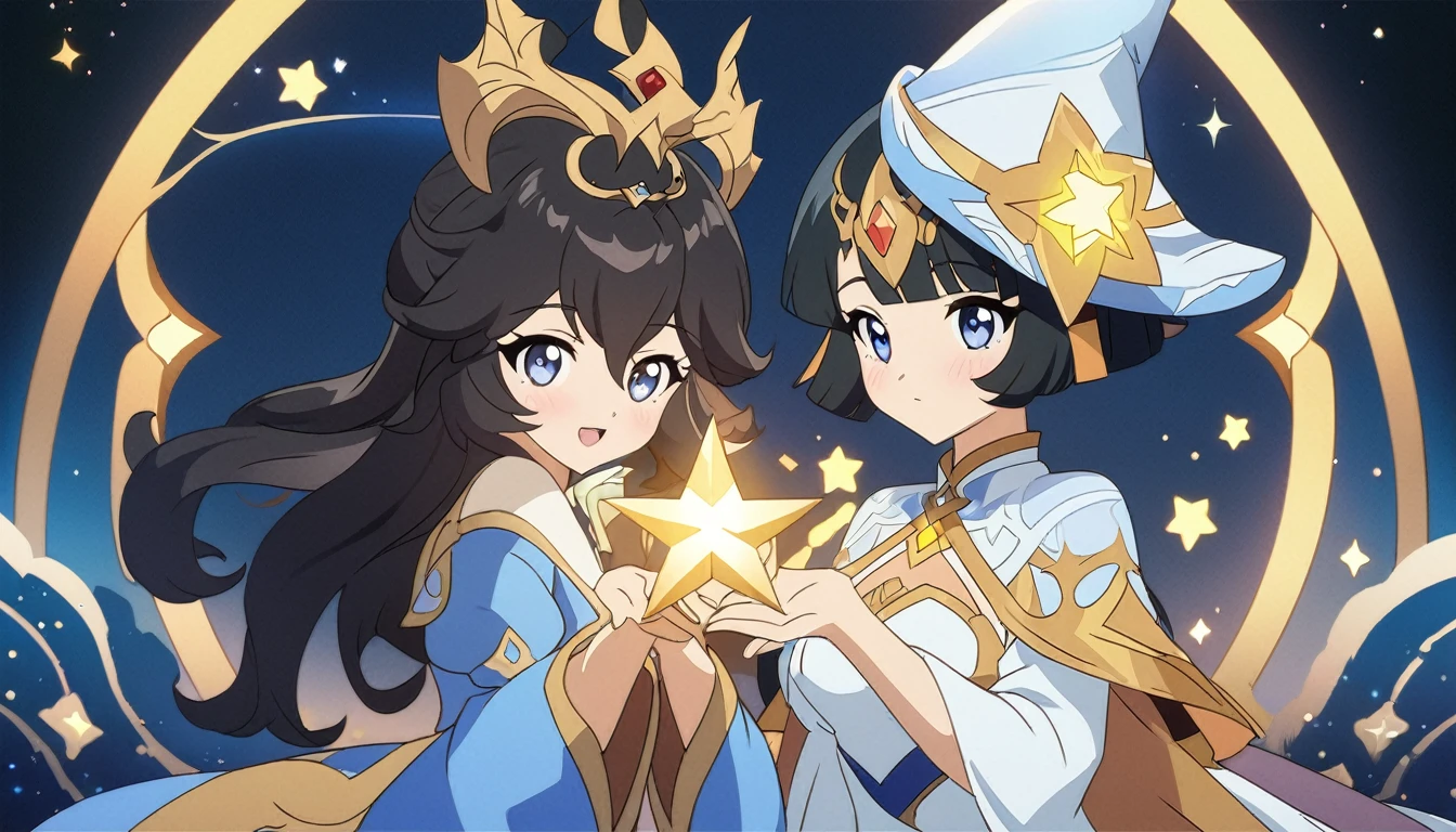 anime girl with long black hair and blue dress holding a star, black - haired mage, beautiful celestial mage, extremely detailed artgerm, ayaka genshin impact, a beautiful sorceress, anime moe artstyle, cute anime waifu in a nice dress, beautiful wizard, beautiful fantasy anime, anime fantasy illustration, anime goddess, beautiful sorceress